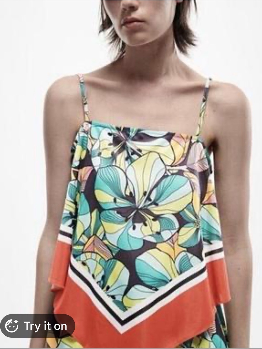 Zara Multicolor Floral Handkerchief-Hem Cami Top - Teal, Yellow & Coral